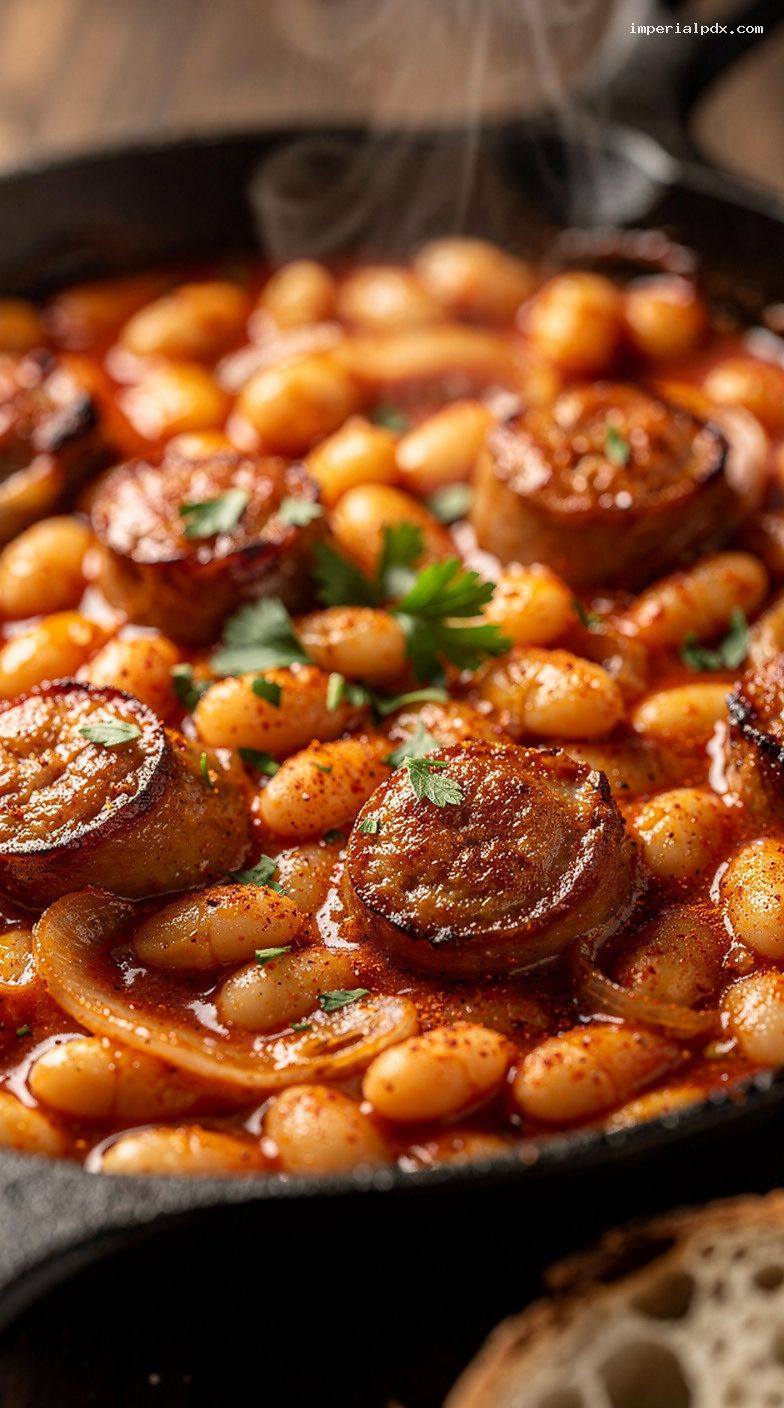 Cast-Iron Skillet Sausage and White Beans with Paprika – Closeup