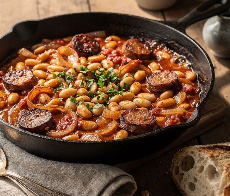 Cast-Iron Skillet Sausage and White Beans with Paprika