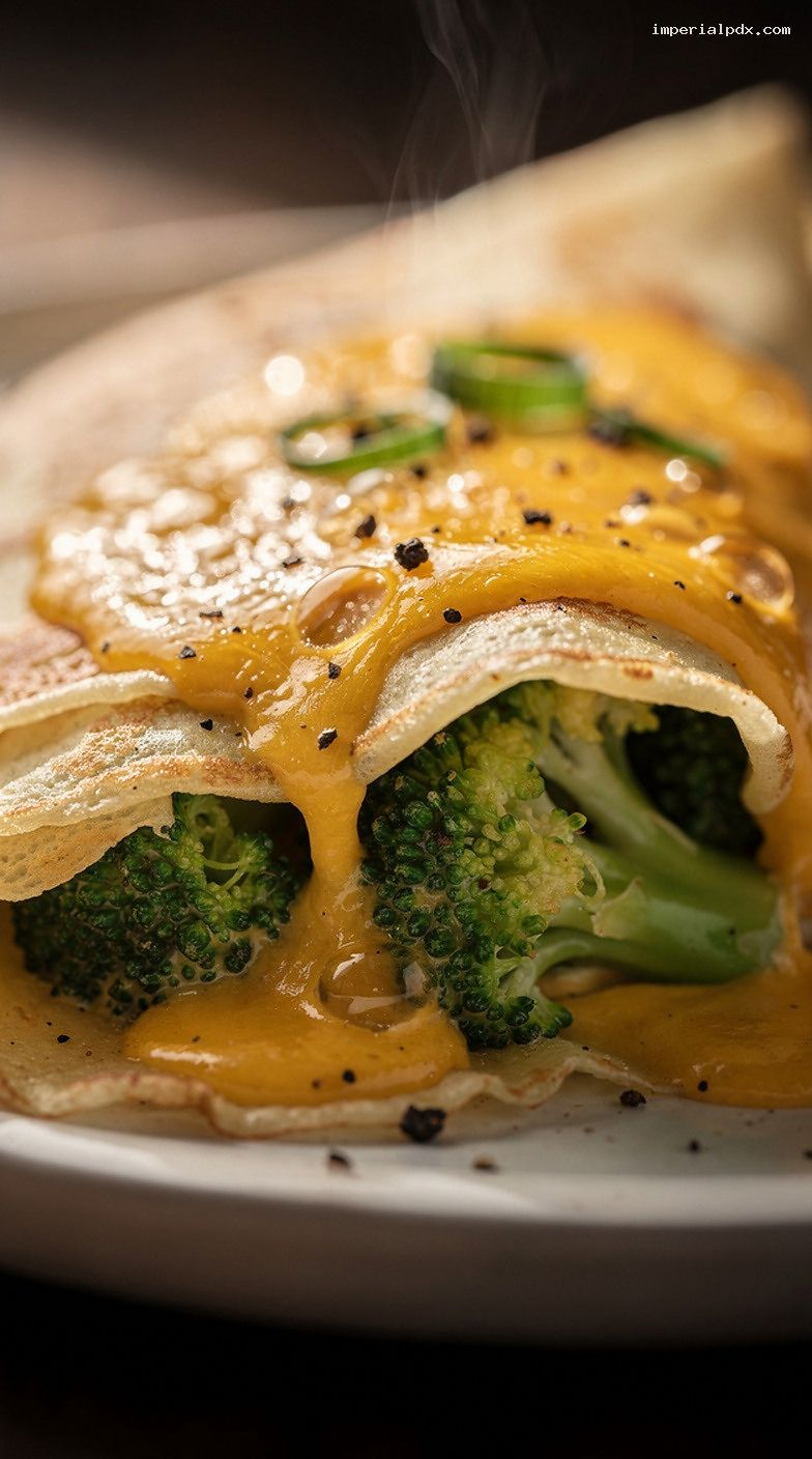 Cheddar Broccoli Cream Crepes with Bubbling Cheddar Topping – Closeup