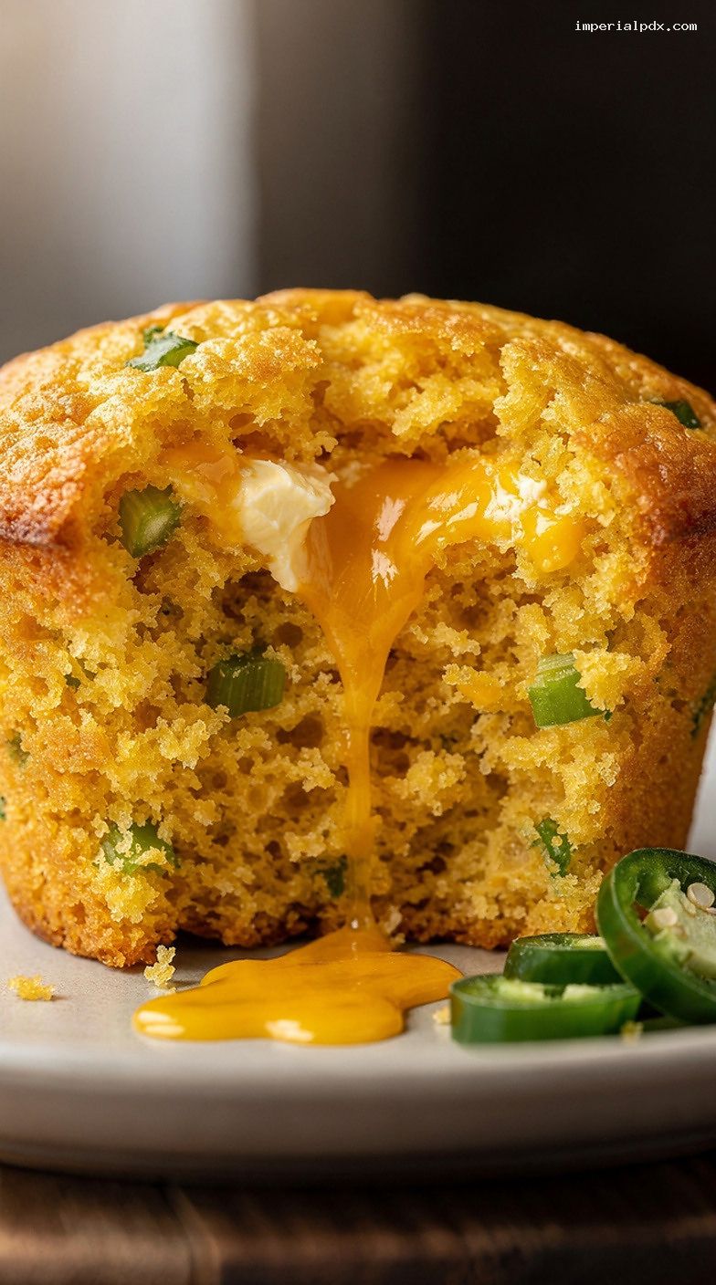 Cheddar Jalapeño Cornbread Muffins with Crisp Golden Tops – Closeup