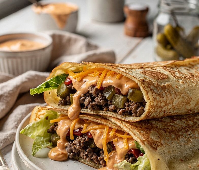 Cheeseburger Crepe Wrap With Burger Sauce and Pickles