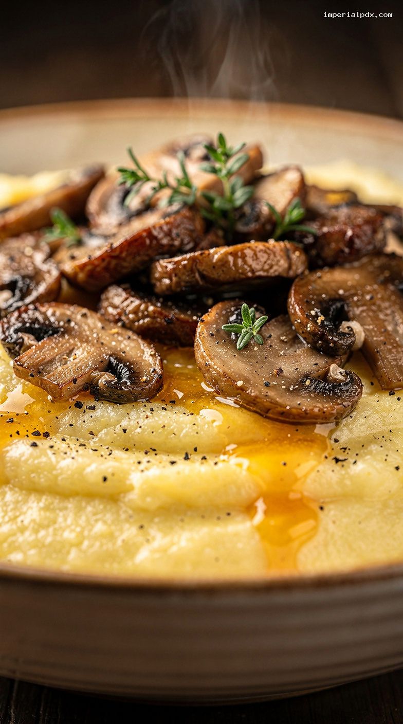 Cheesy Stone-Ground Grits With Sautéed Mushrooms and Thyme – Closeup