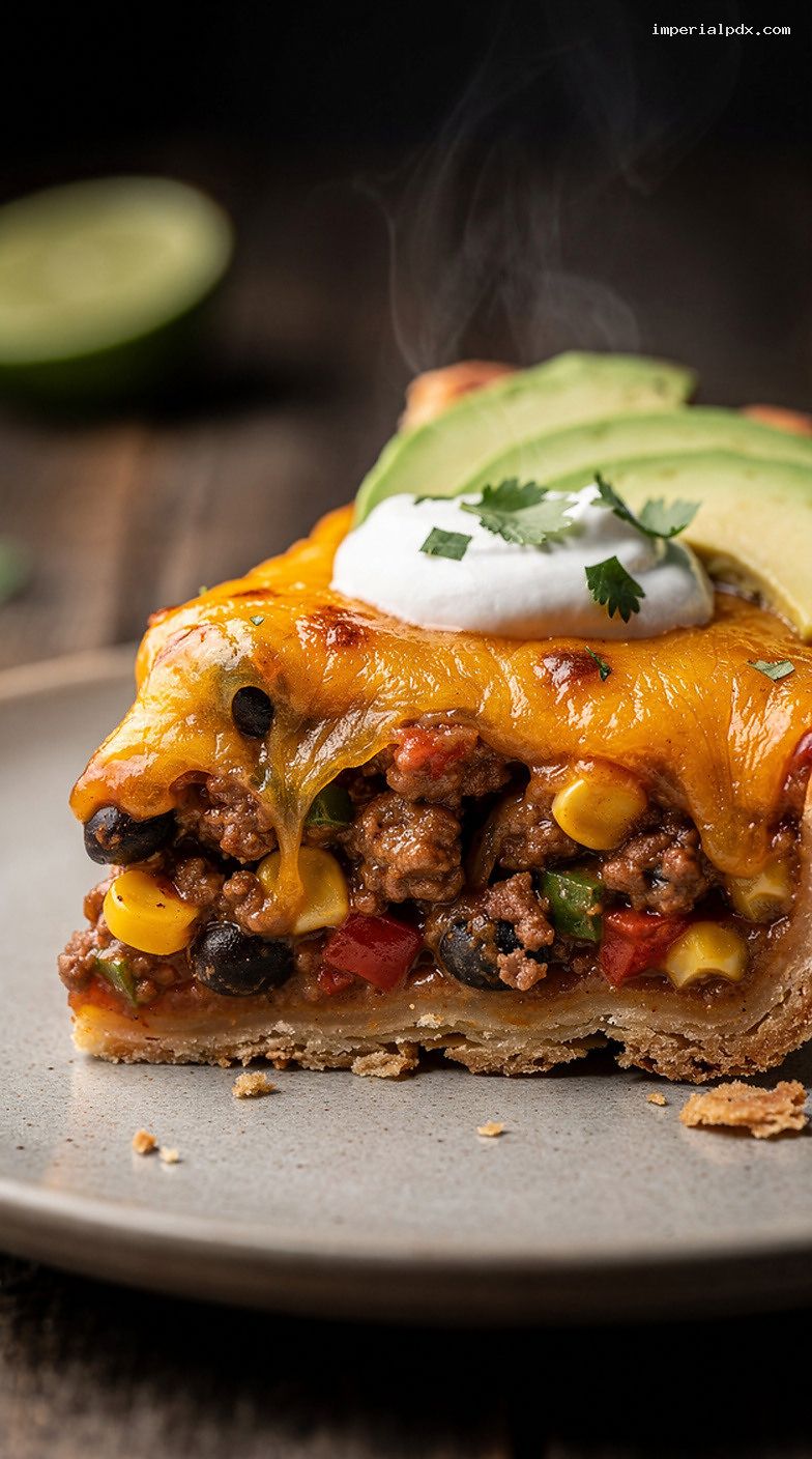 Cheesy Taco Pie With Salsa, Corn, and Cilantro – Closeup