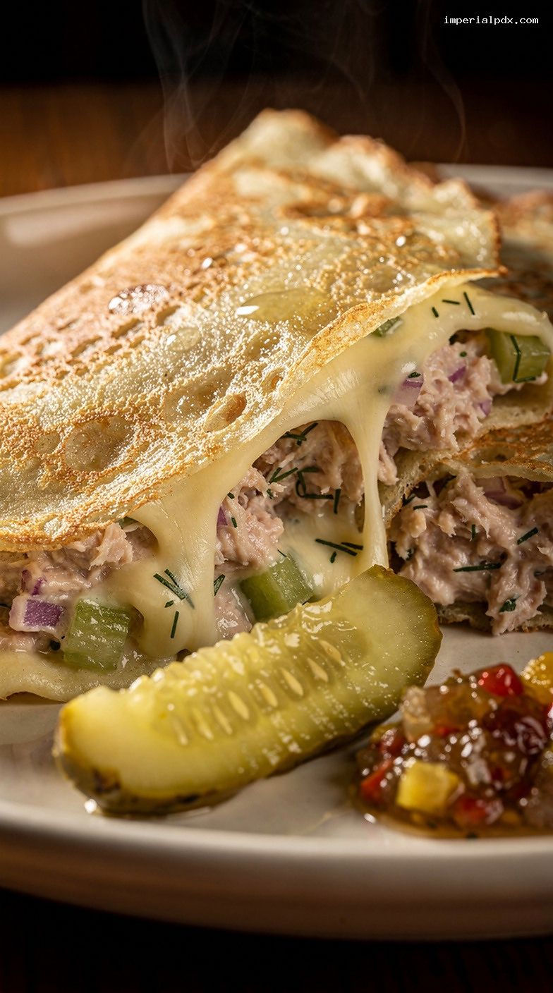 Cheesy Tuna Melt Crepes with Dill Pickles – Closeup