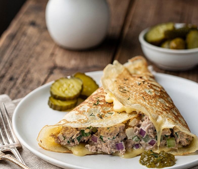 Cheesy Tuna Melt Crepes with Dill Pickles