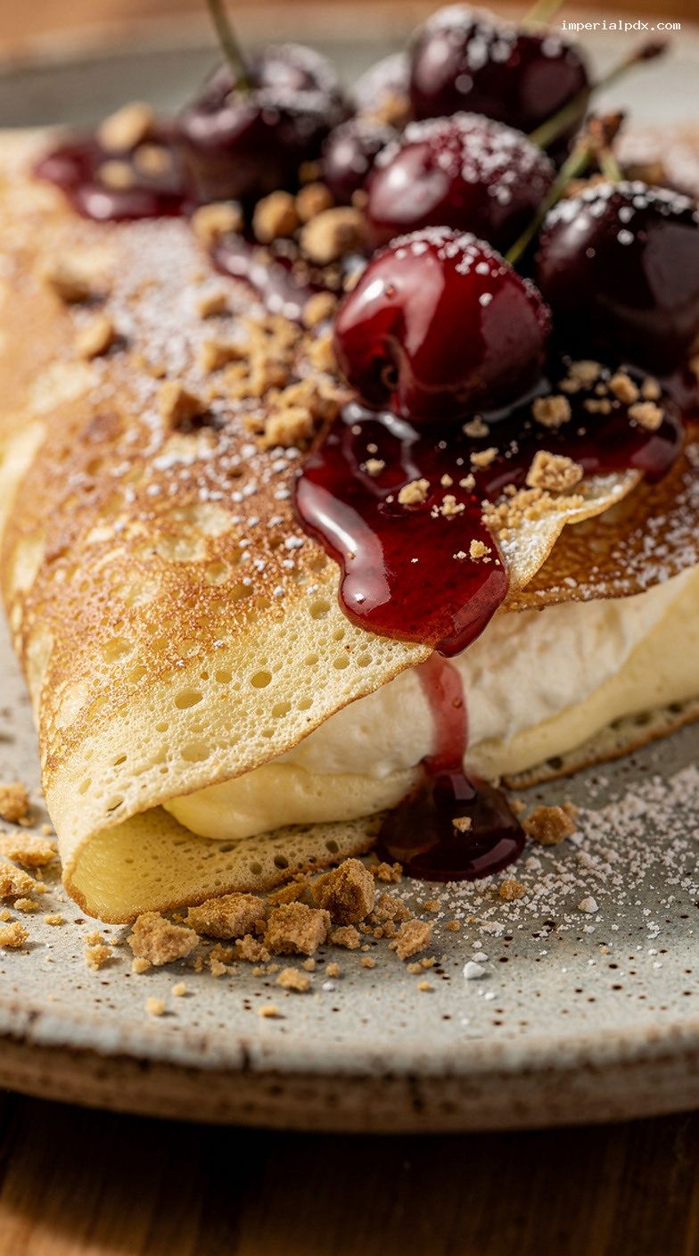 Cherry Cheesecake Crepes with Cherry Compote and Graham Crumbs – Closeup