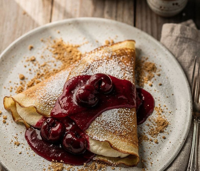 Cherry Cheesecake Crepes with Cherry Compote and Graham Crumbs