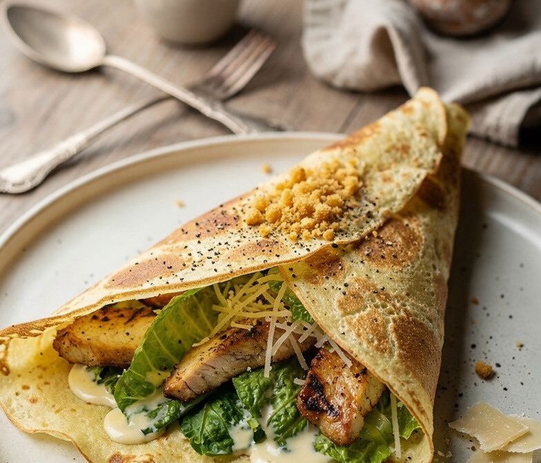 Chicken Caesar Crepe Wrap With Crouton Crumbs