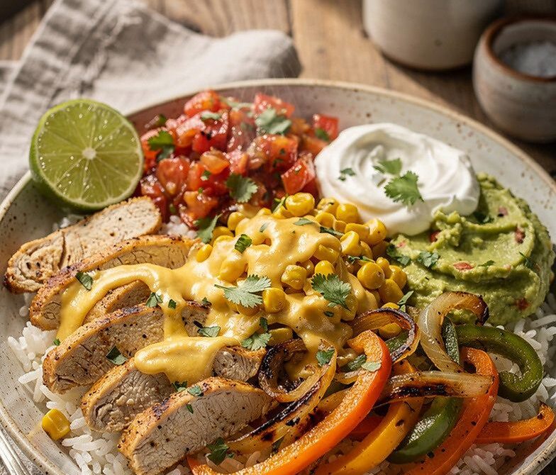 Chicken Fajita Rice Bowls With Peppers, Corn, and Pepper Jack