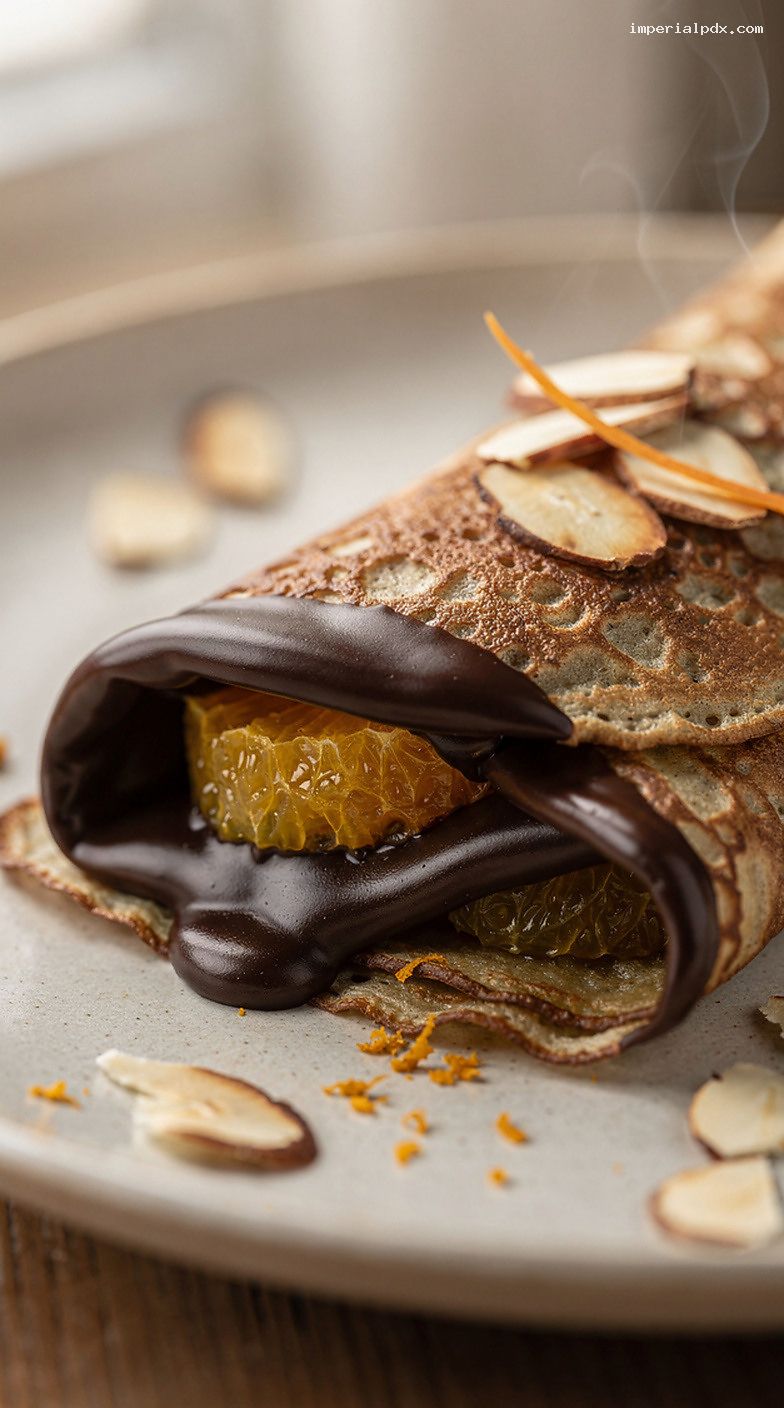 Chocolate Orange Crepes with Dark Chocolate Ganache and Toasted Almonds – Closeup