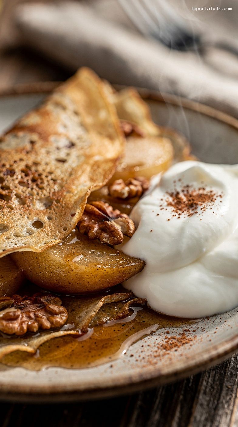 Cinnamon Butter Pear and Walnut Crepes with Greek Yogurt – Closeup
