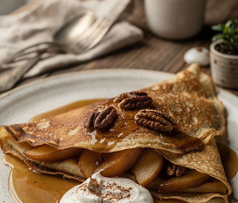 Cinnamon Butter Pear and Walnut Crepes with Greek Yogurt