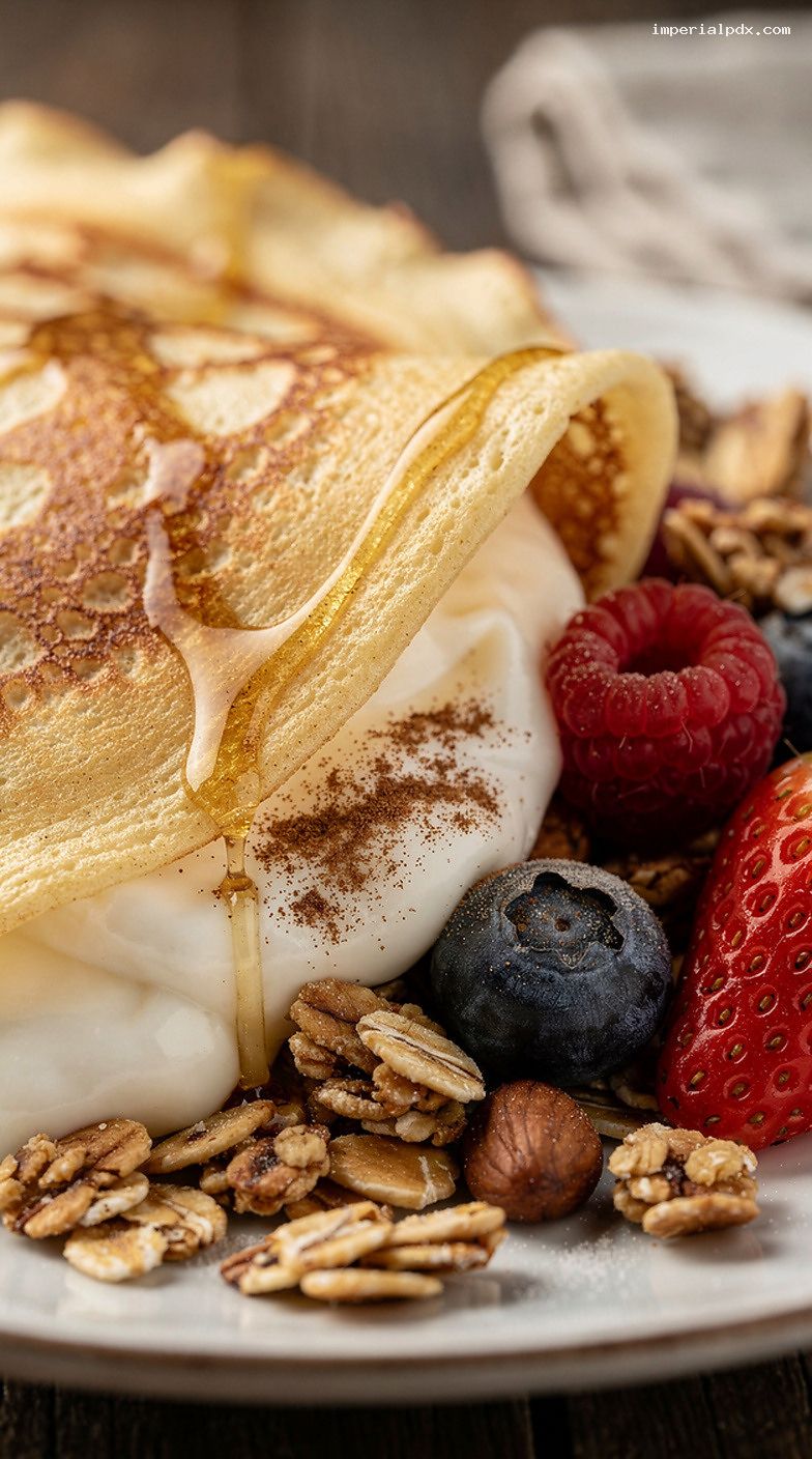 Cinnamon Honey Yogurt and Granola Breakfast Crepes – Closeup