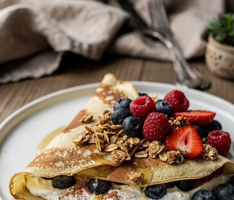 Cinnamon Honey Yogurt and Granola Breakfast Crepes