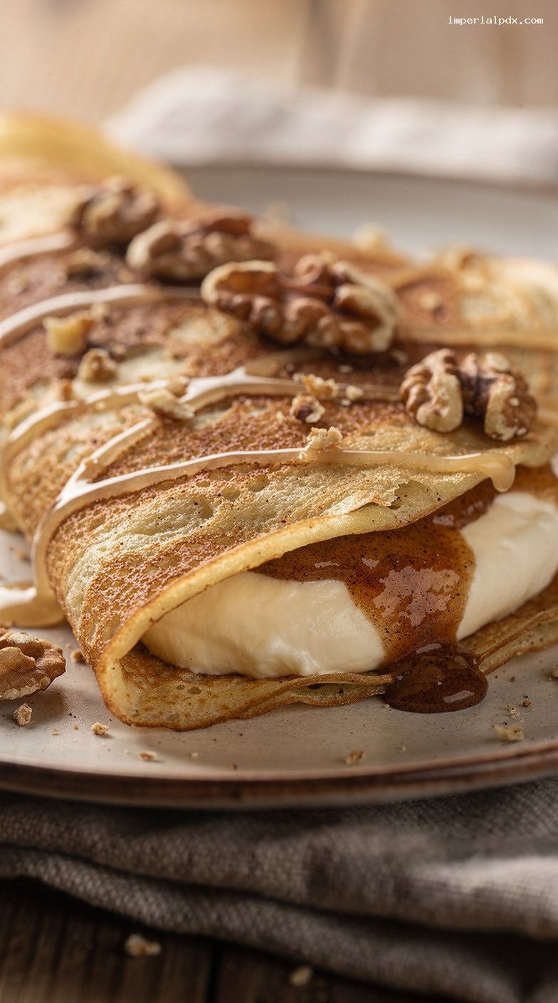 Cinnamon Roll Cream Cheese Crepes With Vanilla Glaze and Walnuts – Closeup