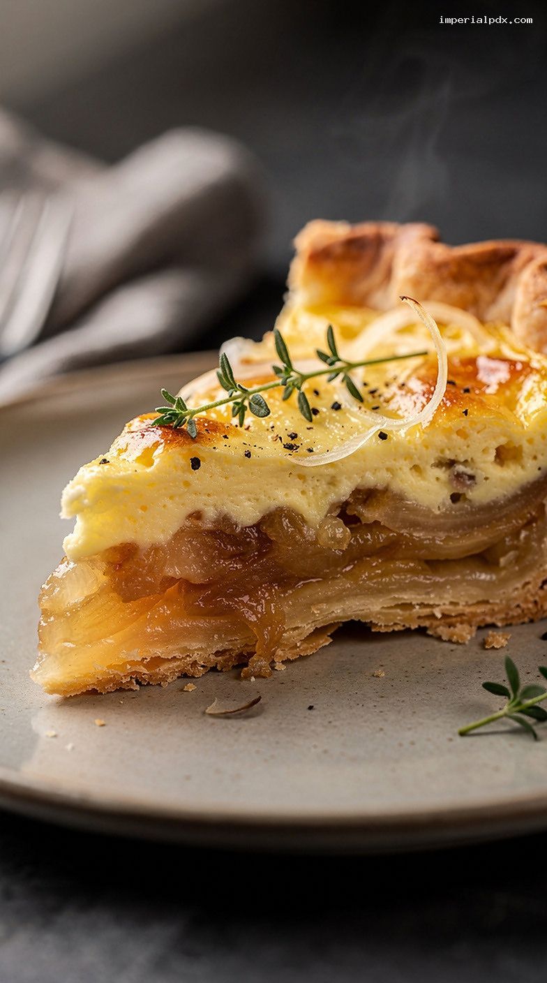 Classic Cheese and Onion Pie with Cheddar Custard – Closeup
