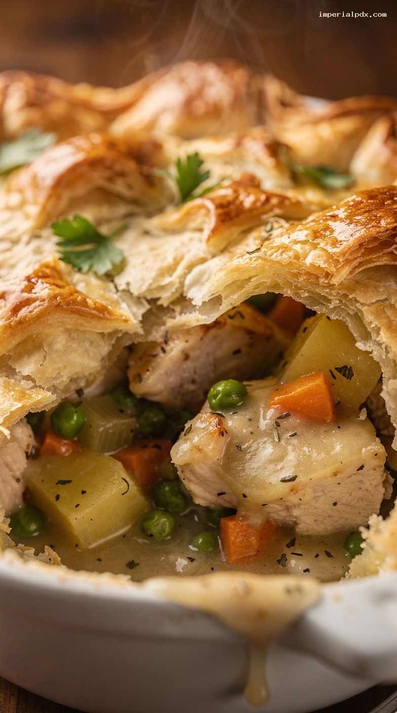 Classic Chicken Pot Pie With Flaky Golden Pastry Lid – Closeup