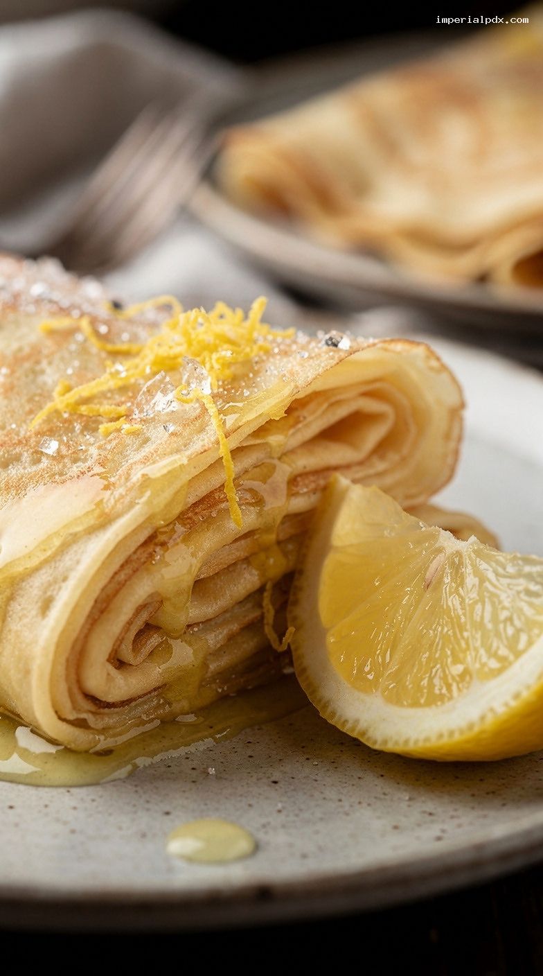 Classic Lemon Sugar Crepes with Butter and Fresh Lemon Zest – Closeup