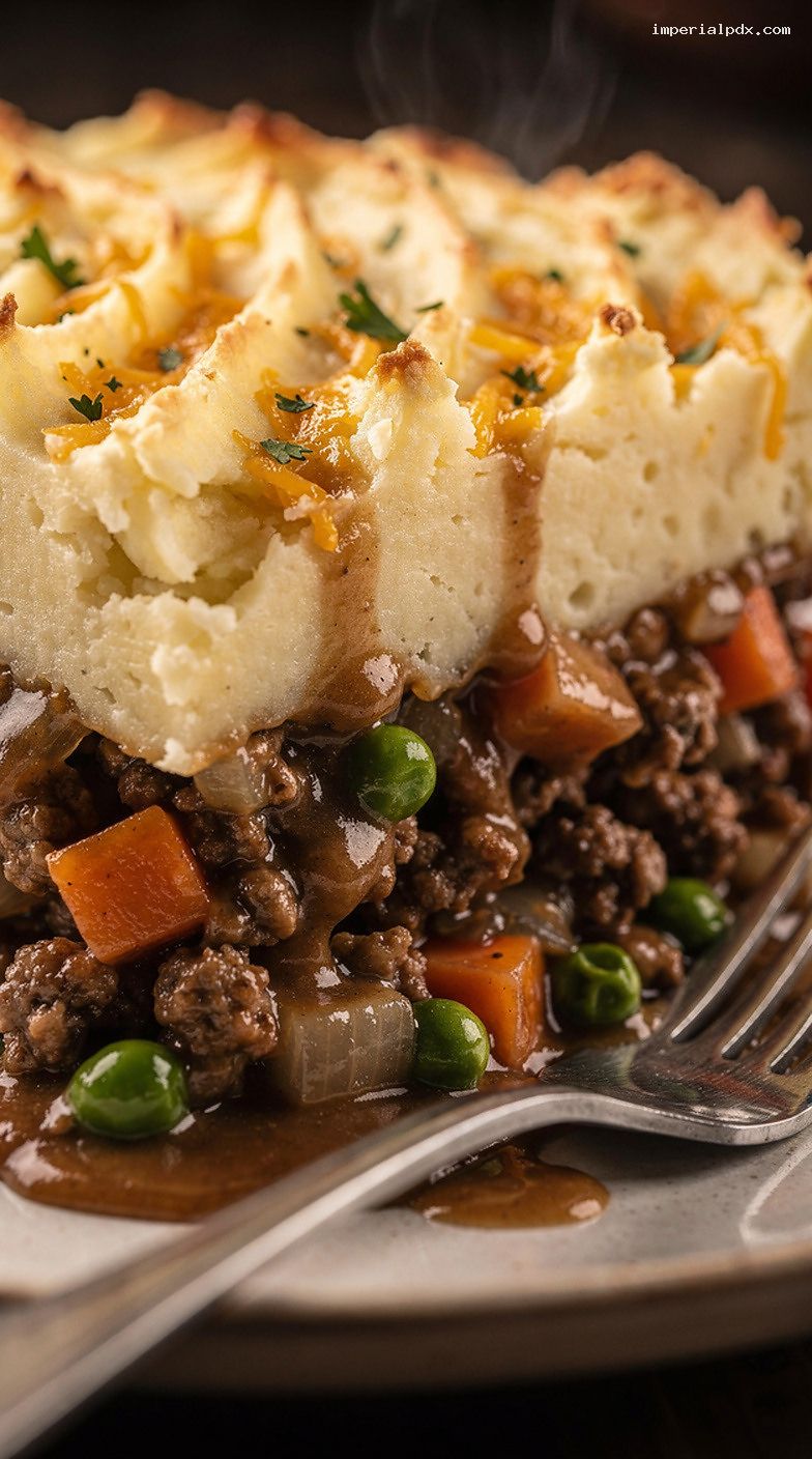 Classic Shepherd’s Pie With Savory Meat And Mashed Potato Topping – Closeup