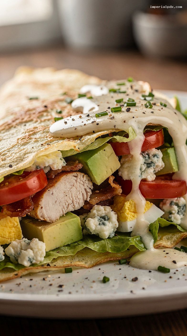 Cobb Salad Crepes With Chicken, Bacon, Avocado, and Blue Cheese – Closeup