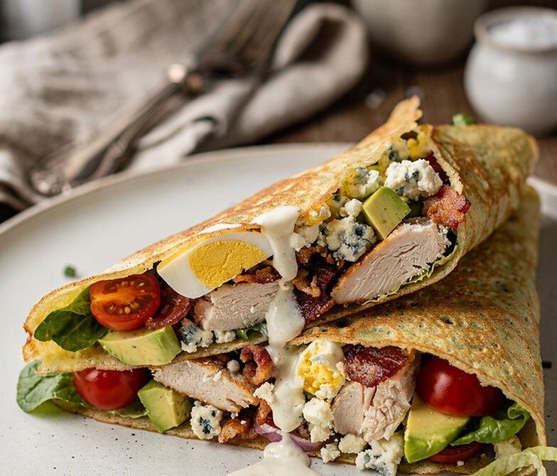 Cobb Salad Crepes With Chicken, Bacon, Avocado, and Blue Cheese