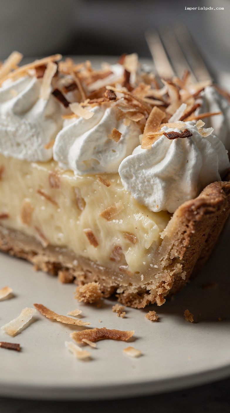 Coconut Cream Pie with Toasted Coconut and Whipped Cream – Closeup