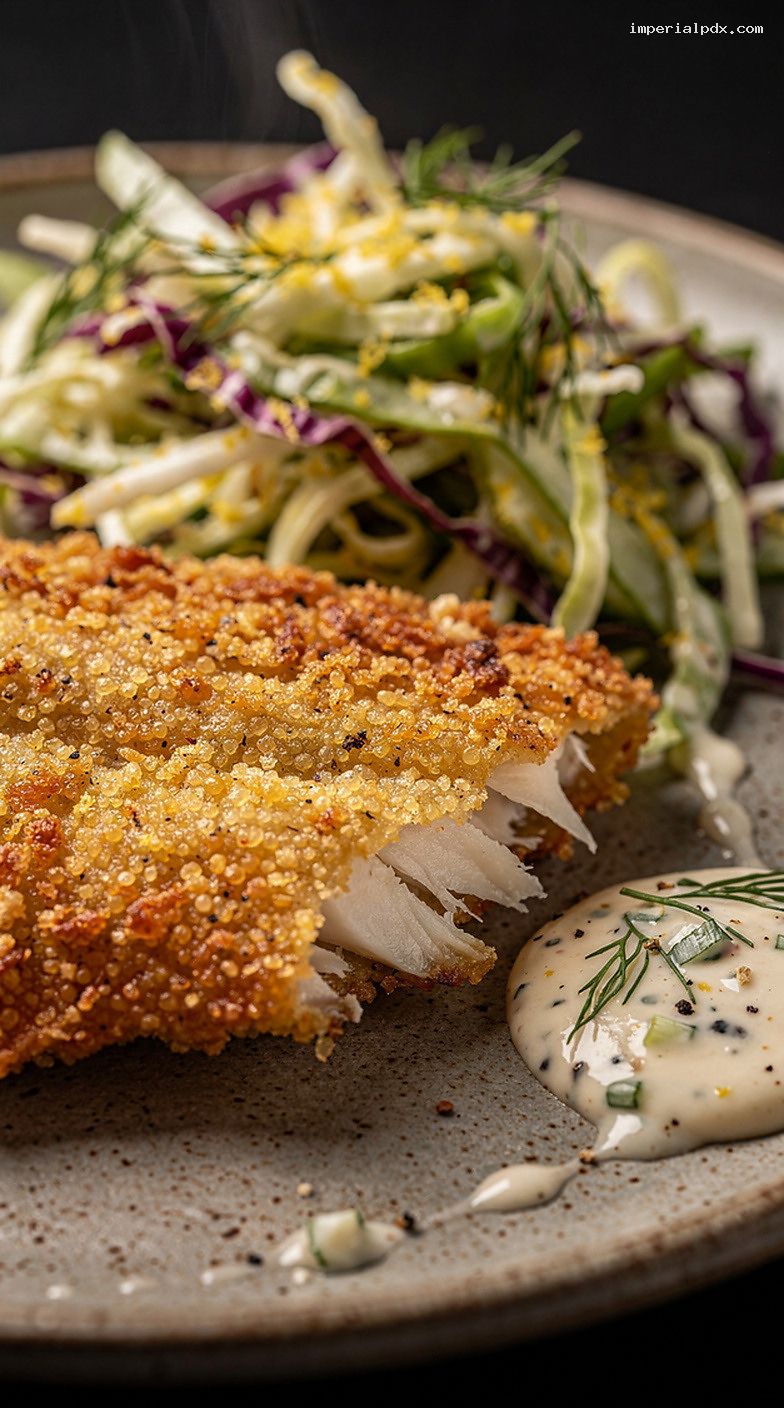 Cornmeal-Crusted Fried Catfish With Lemon-Herb Slaw – Closeup