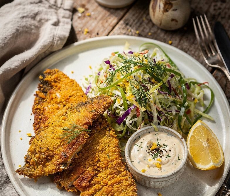 Cornmeal-Crusted Fried Catfish With Lemon-Herb Slaw