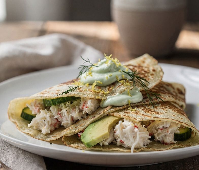 Crab and Avocado Crepes With Lime Crema
