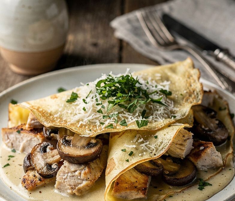 Creamy Chicken and Mushroom Crepes with Thyme and Parmesan