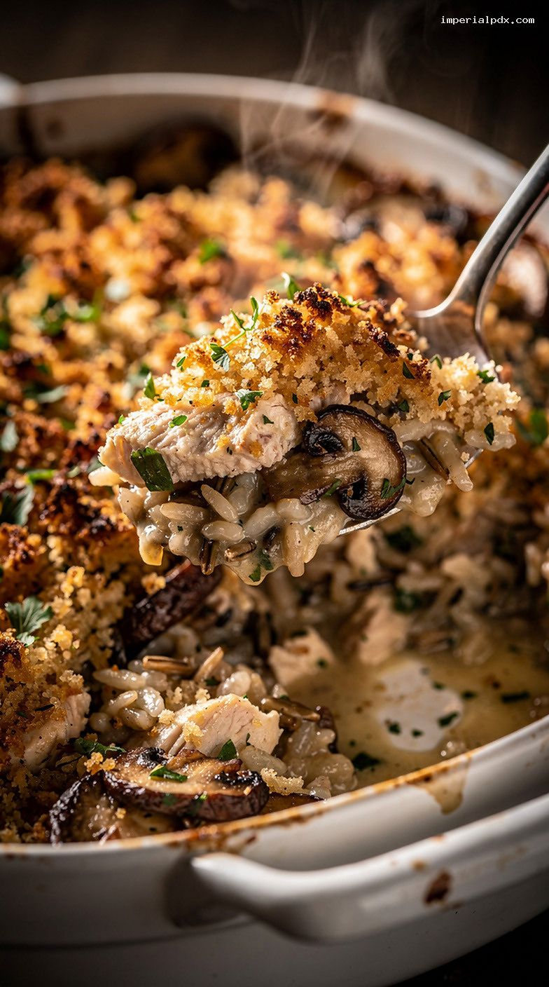 Creamy Chicken and Wild Rice Casserole Bake – Closeup