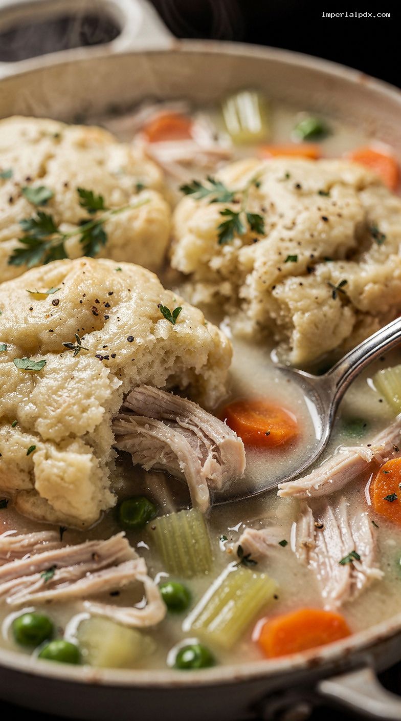 Creamy Farmhouse Chicken and Dumplings with Herb Drop Dumplings – Closeup