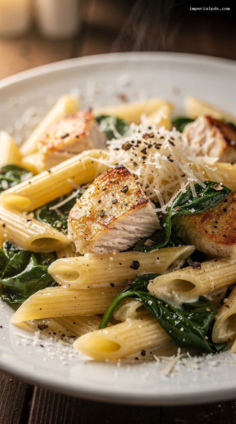 Creamy Garlic Chicken and Spinach Skillet Pasta – Closeup