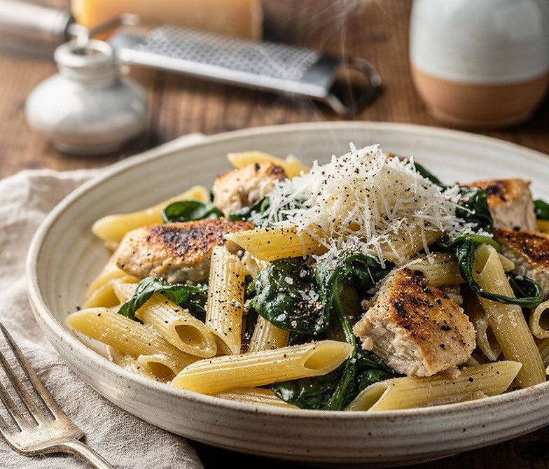 Creamy Garlic Chicken and Spinach Skillet Pasta