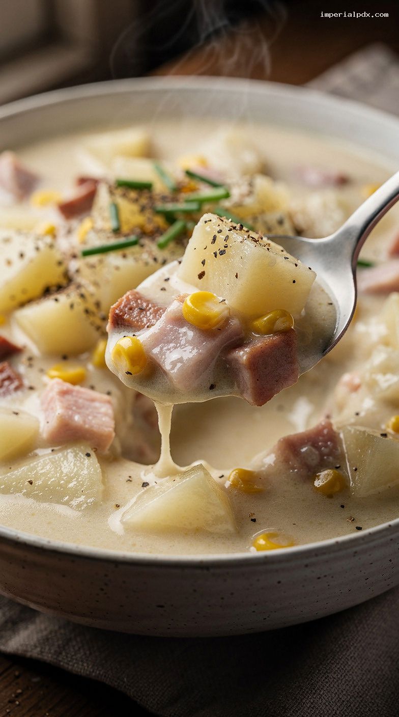 Creamy Ham and Potato Chowder with Corn and Chives – Closeup