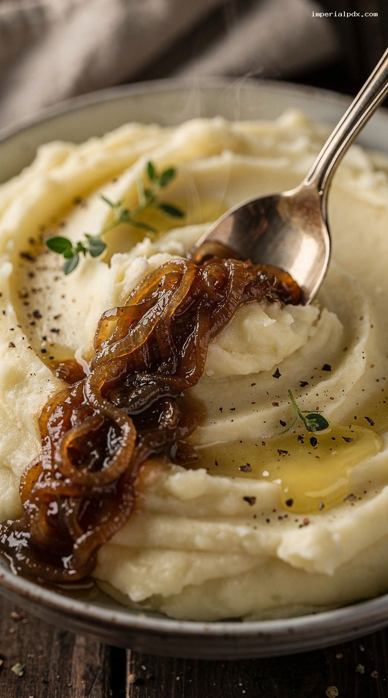 Creamy Mashed Potatoes With Caramelized Onion Gravy – Closeup
