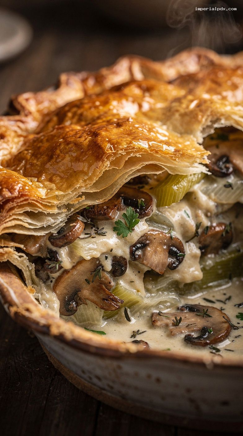 Creamy Mushroom and Leek Pie With White Wine Thyme – Closeup