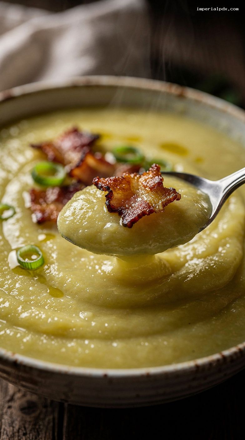 Creamy Potato Leek Soup With Crispy Bacon and Chives – Closeup