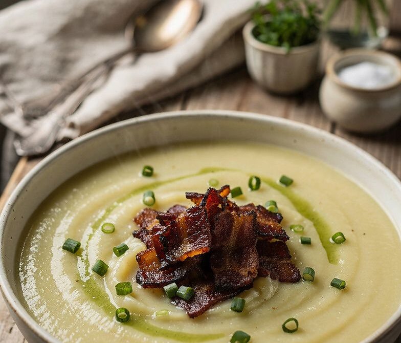 Creamy Potato Leek Soup With Crispy Bacon and Chives