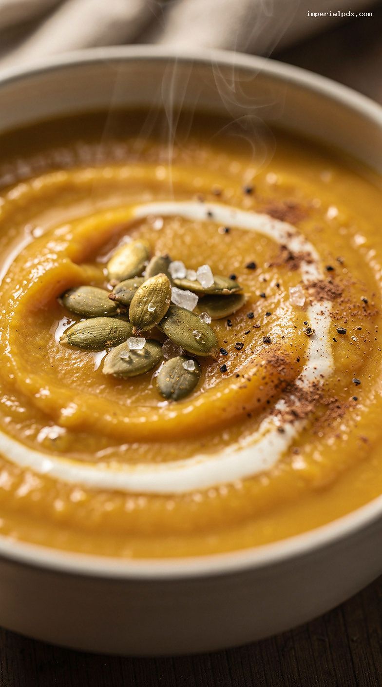 Creamy Roasted Butternut Squash Soup With Toasted Pumpkin Seeds – Closeup