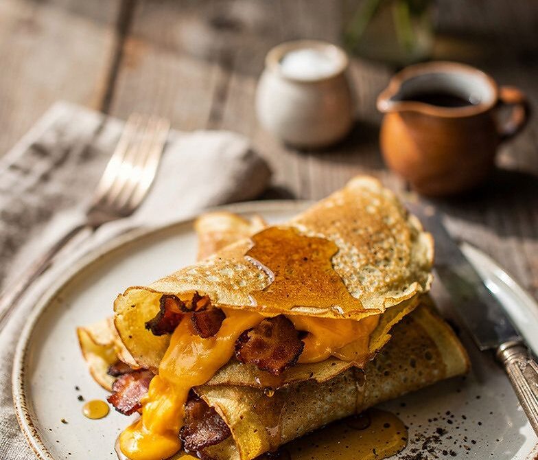Crispy Bacon Maple Cheddar Crepes with Black Pepper
