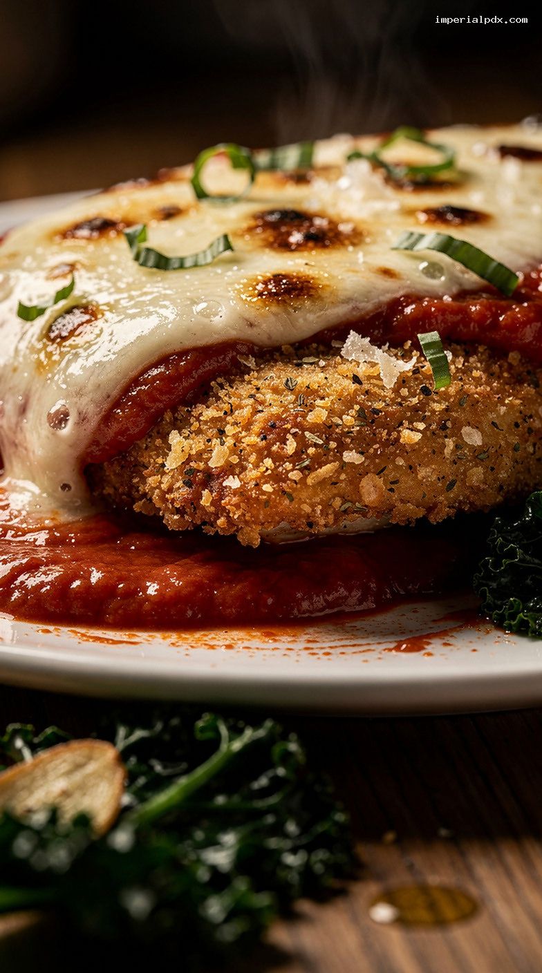 Crispy Oven-Baked Chicken Parmesan With Garlicky Greens – Closeup