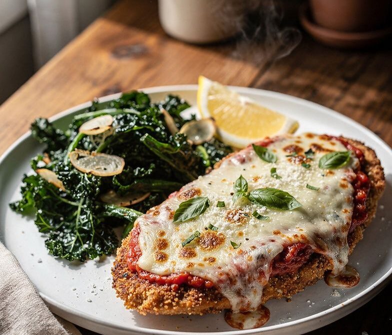 Crispy Oven-Baked Chicken Parmesan With Garlicky Greens