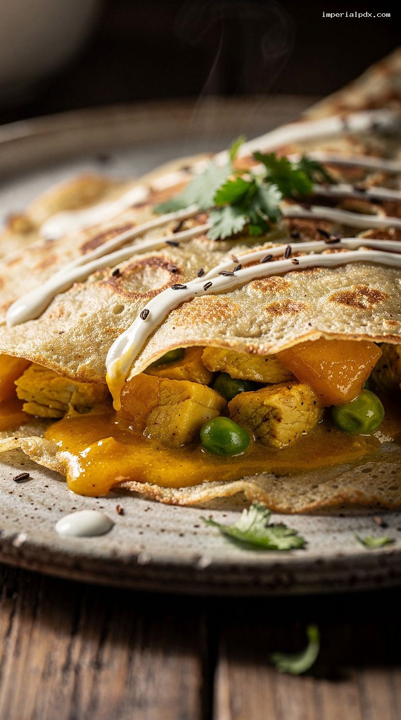 Curry Chicken Crepes With Mango Chutney and Yogurt Sauce – Closeup