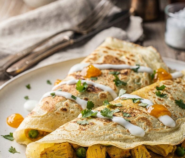 Curry Chicken Crepes With Mango Chutney and Yogurt Sauce