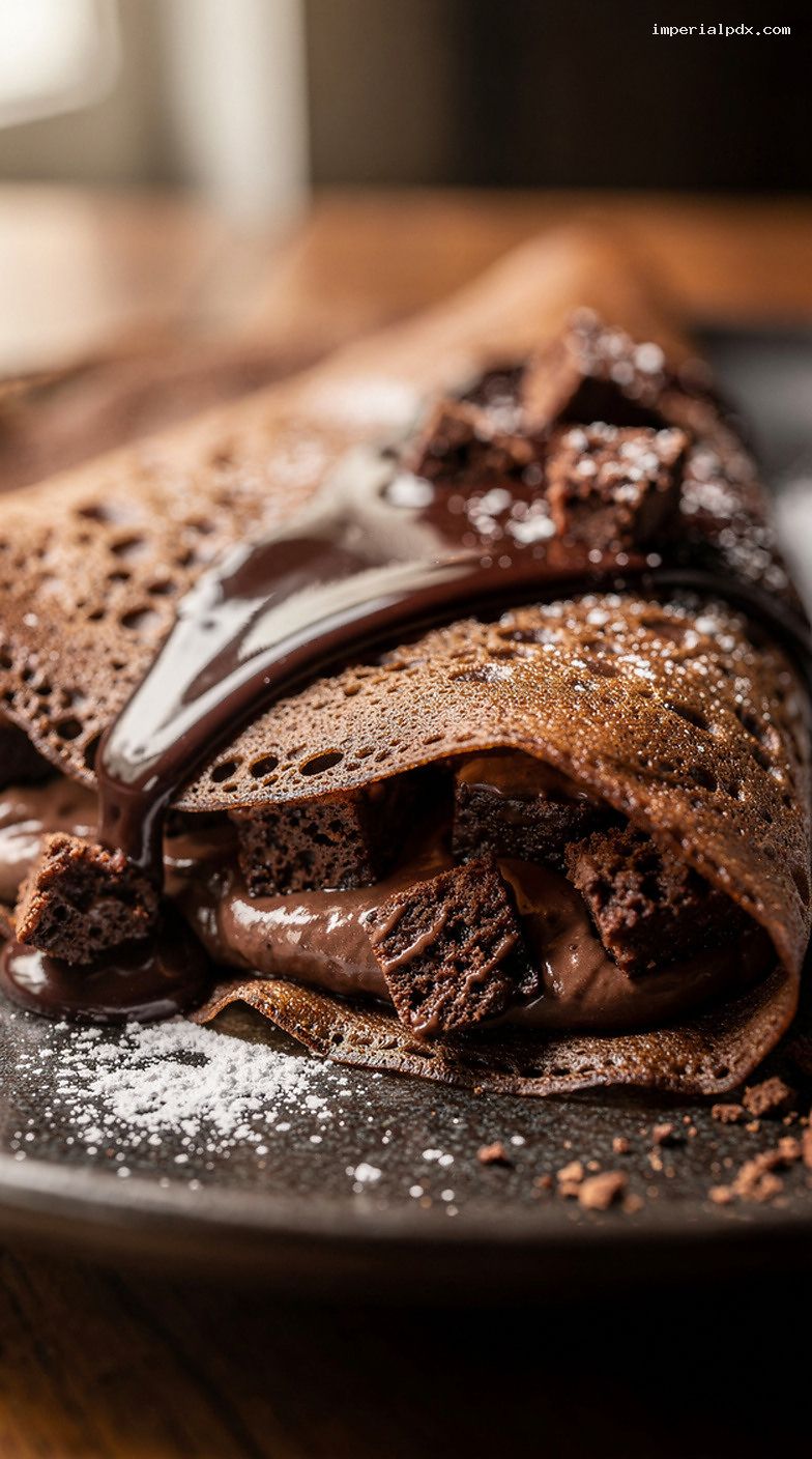 Double Chocolate Brownie Batter Crepes with Fudge Filling – Closeup