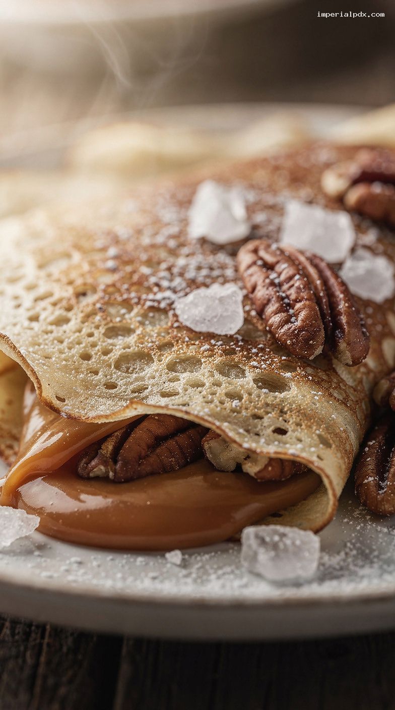Dulce de Leche Crepes With Toasted Pecans and Sea Salt – Closeup