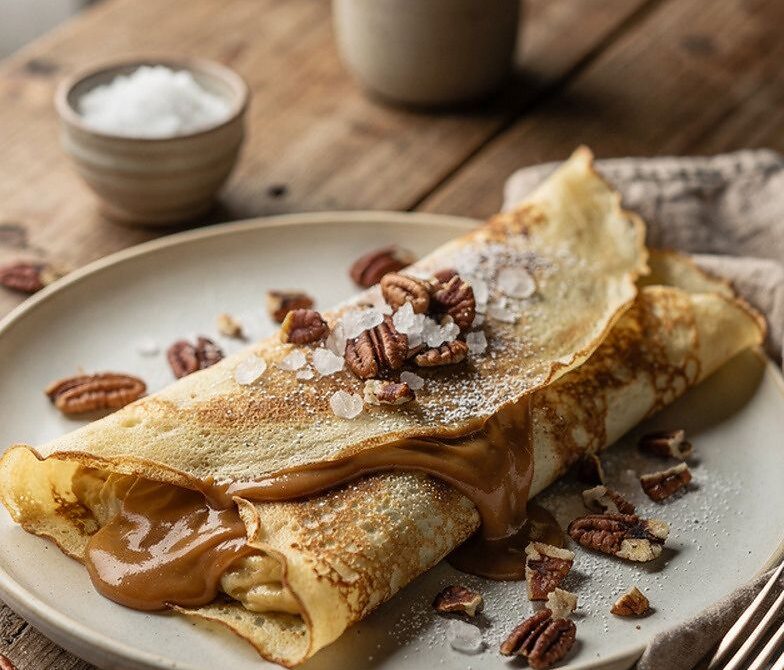 Dulce de Leche Crepes With Toasted Pecans and Sea Salt