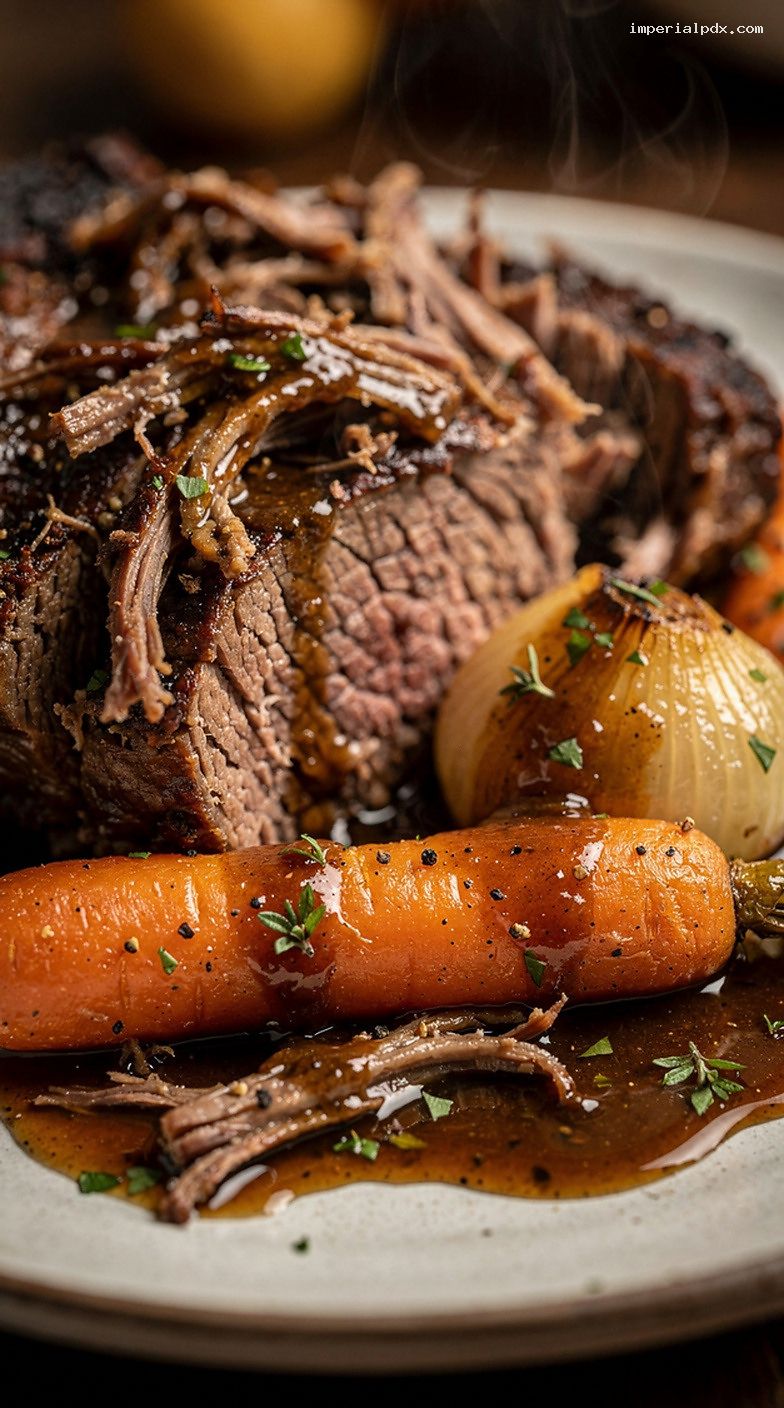 Dutch Oven Beef Pot Roast with Carrots, Onions, and Gravy – Closeup