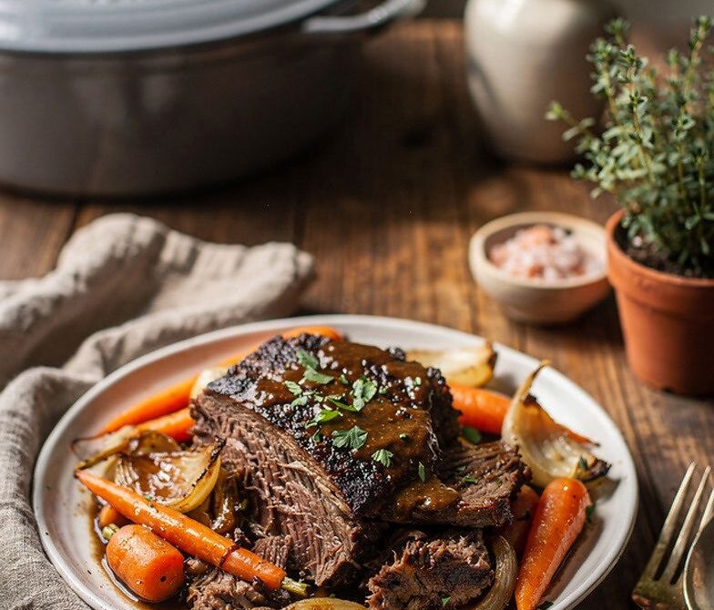 Dutch Oven Beef Pot Roast with Carrots, Onions, and Gravy